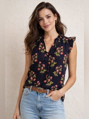 Point Sur by J.Crew Sleeveless Tie Neck Floral Blouse Ruffle Top S